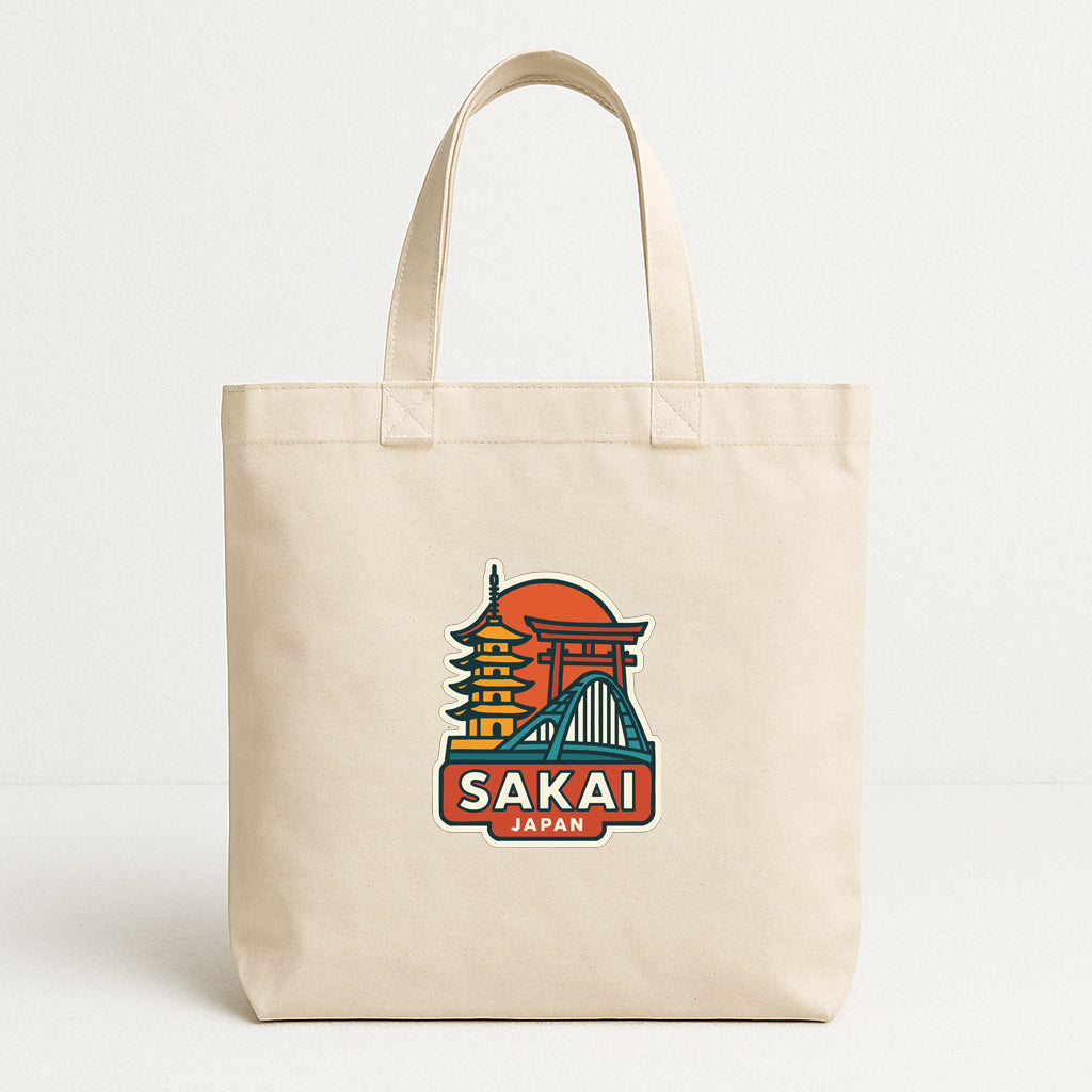 A beige tote bag with a colorful graphic of a temple and the text "SAKAI JAPAN" printed on it.