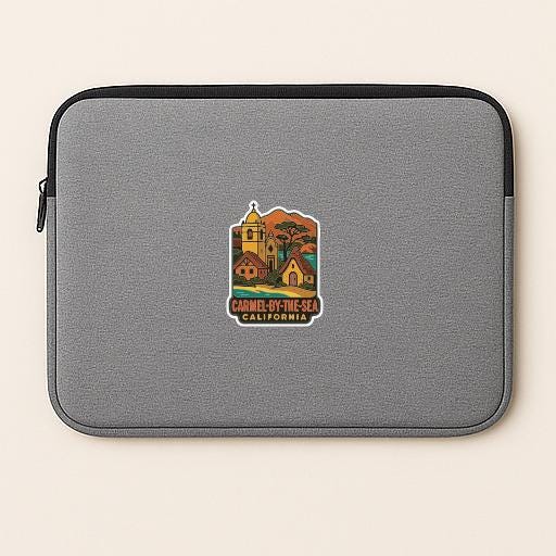 A gray laptop sleeve with a sticker depicting a scenic coastal town.