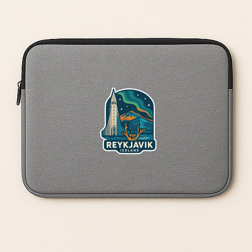 A gray laptop sleeve with a sticker depicting Reykjavik, Iceland.