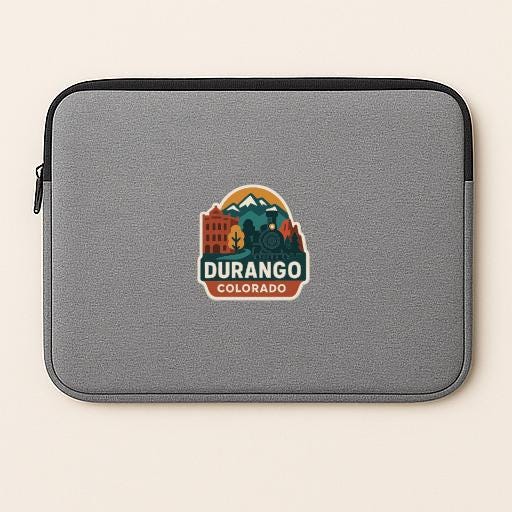 A gray laptop sleeve with a colorful logo of Durango, Colorado, printed on it.