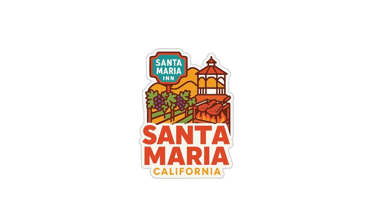 a colorful sticker or logo for Santa Maria Inn, California.