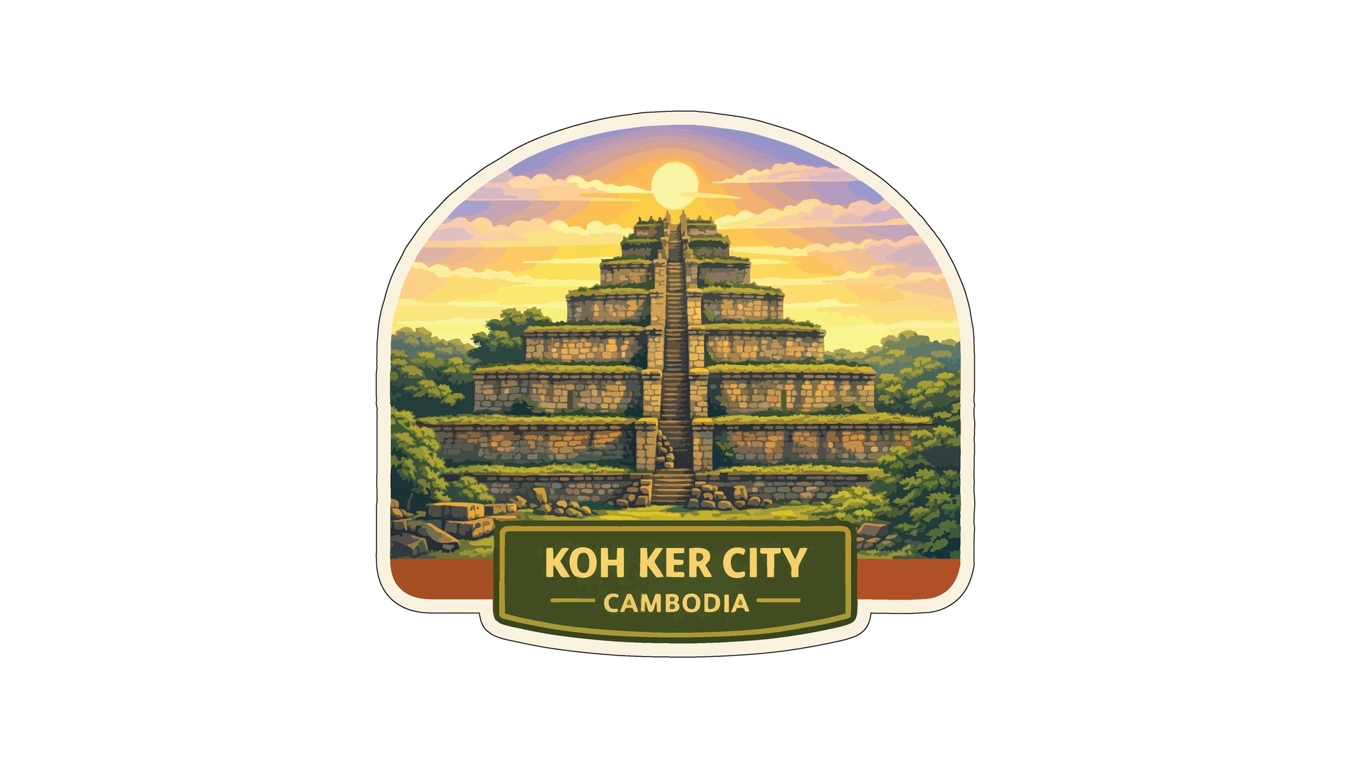 A sticker or emblem featuring the ancient Khmer city of Koh Ker City in Cambodia, with a pyramid-like structure and a sunset in the background.