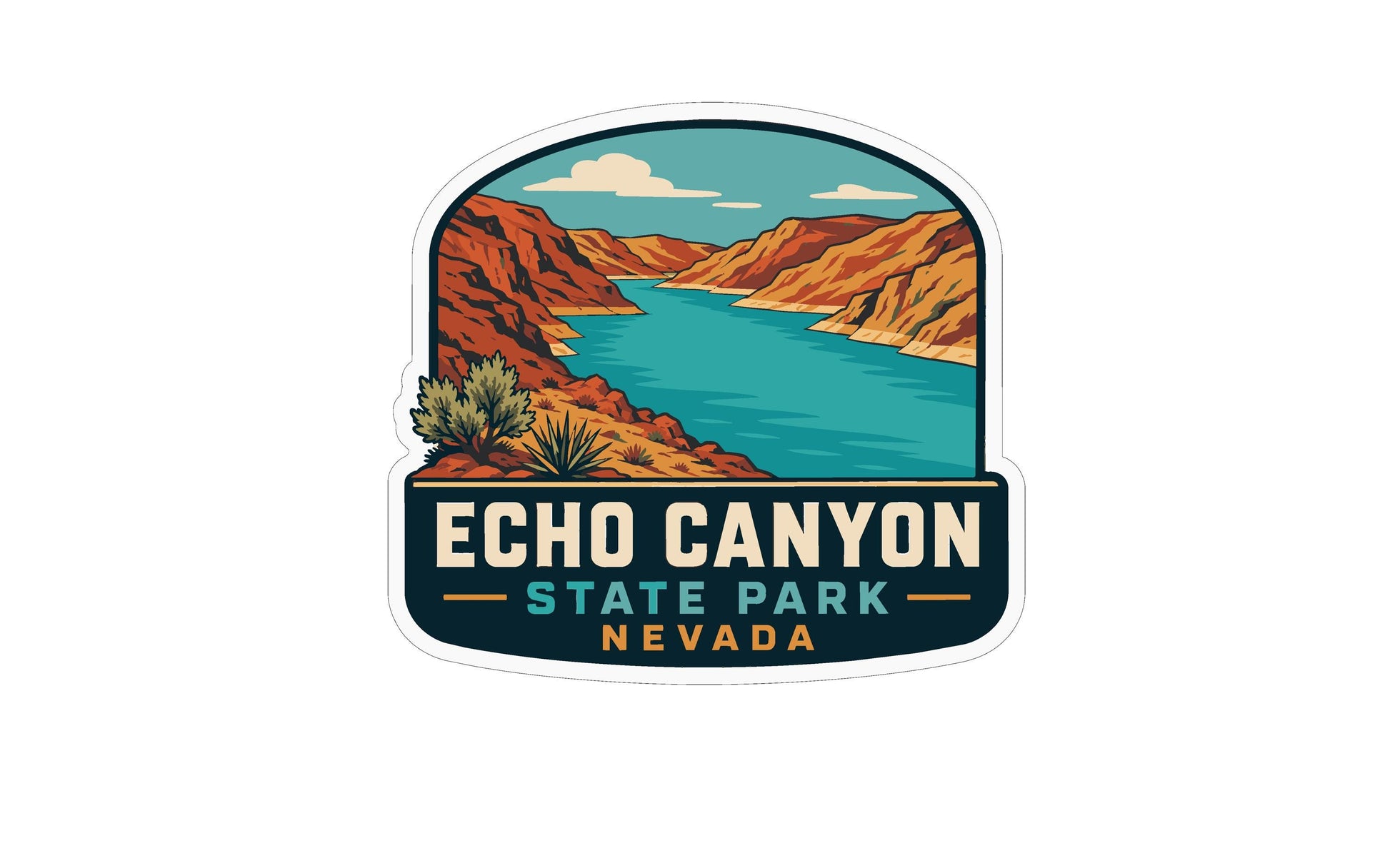 a sticker or emblem with a scenic landscape of a canyon and a lake, along with the text "ECHO CANYON STATE PARK NEVADA".