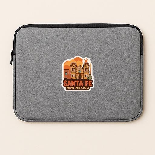 A gray laptop sleeve with a sticker depicting Santa Fe, New Mexico.