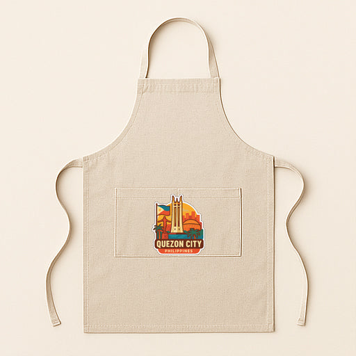 A beige apricot with a colorful graphic of Quzon City, Philippines, printed on it.