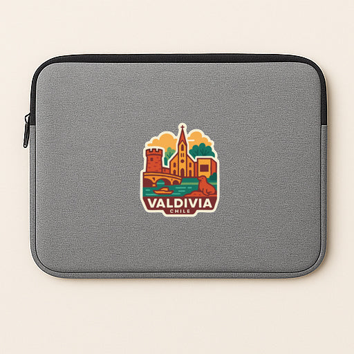 a gray laptop sleeve with a graphic design of a cityscape and the text "Valdivia Chile" printed on it.