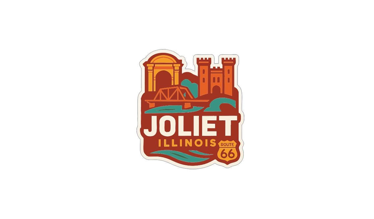 A sticker or logo featuring a castle, bridge, and text that says "JOLIET ILLINOIS Route 66".