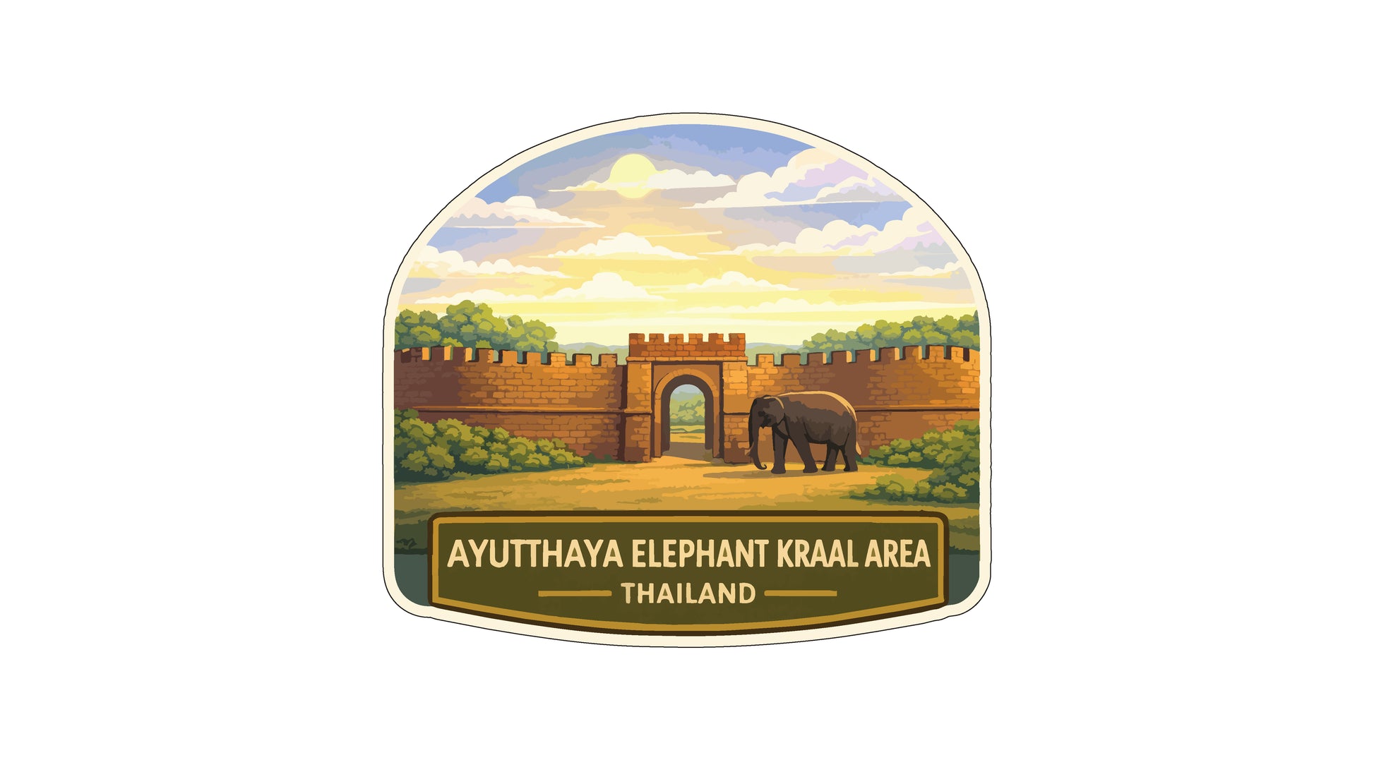 an illustration of an elephant standing in front of a brick wall with a tower, set against a backdrop of a blue sky with clouds and a yellow sun.
