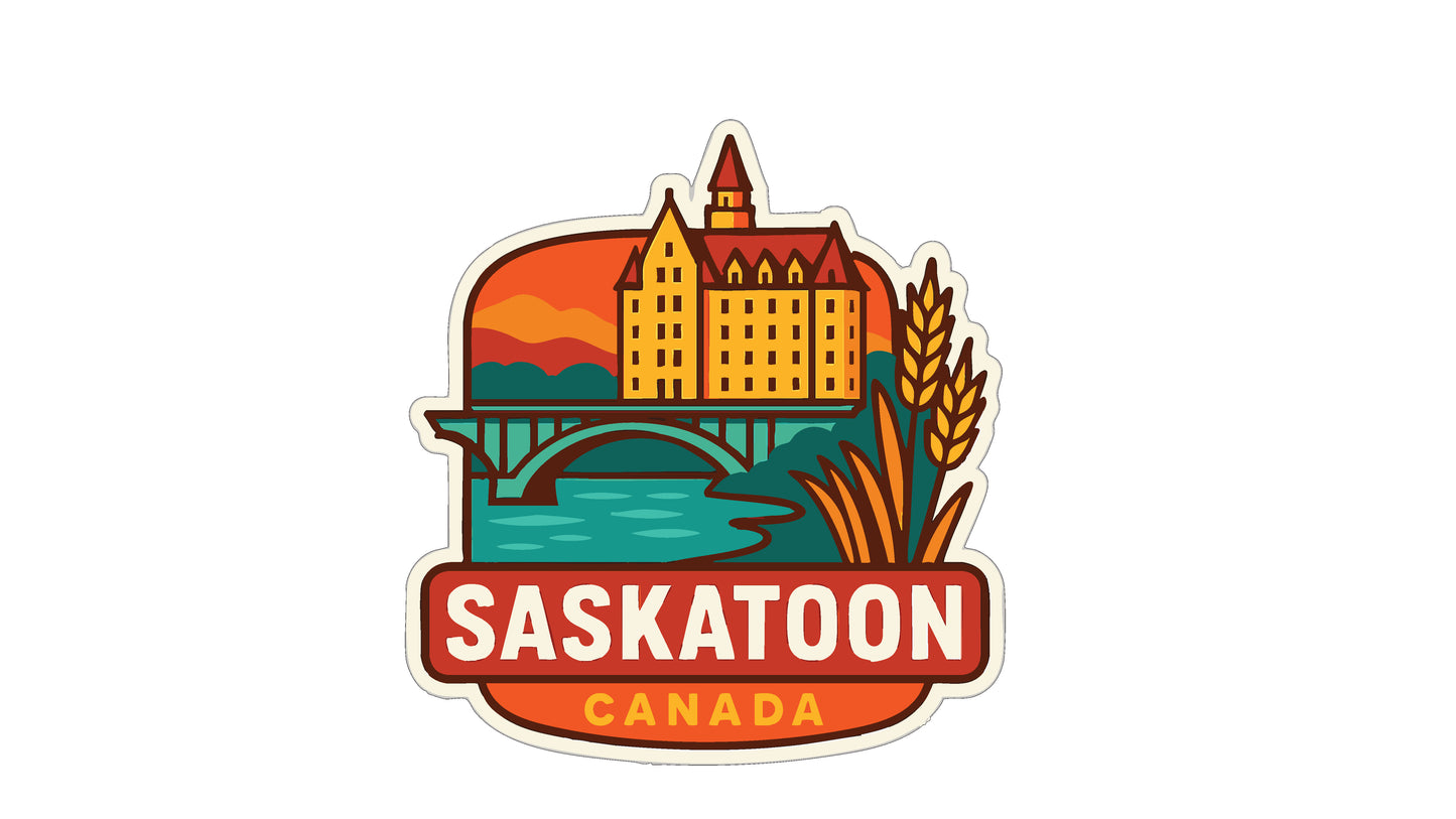 A colorful sticker or emblem featuring a castle, bridge, and wheat, with the text "Saskatoon, Canada" prominently displayed.