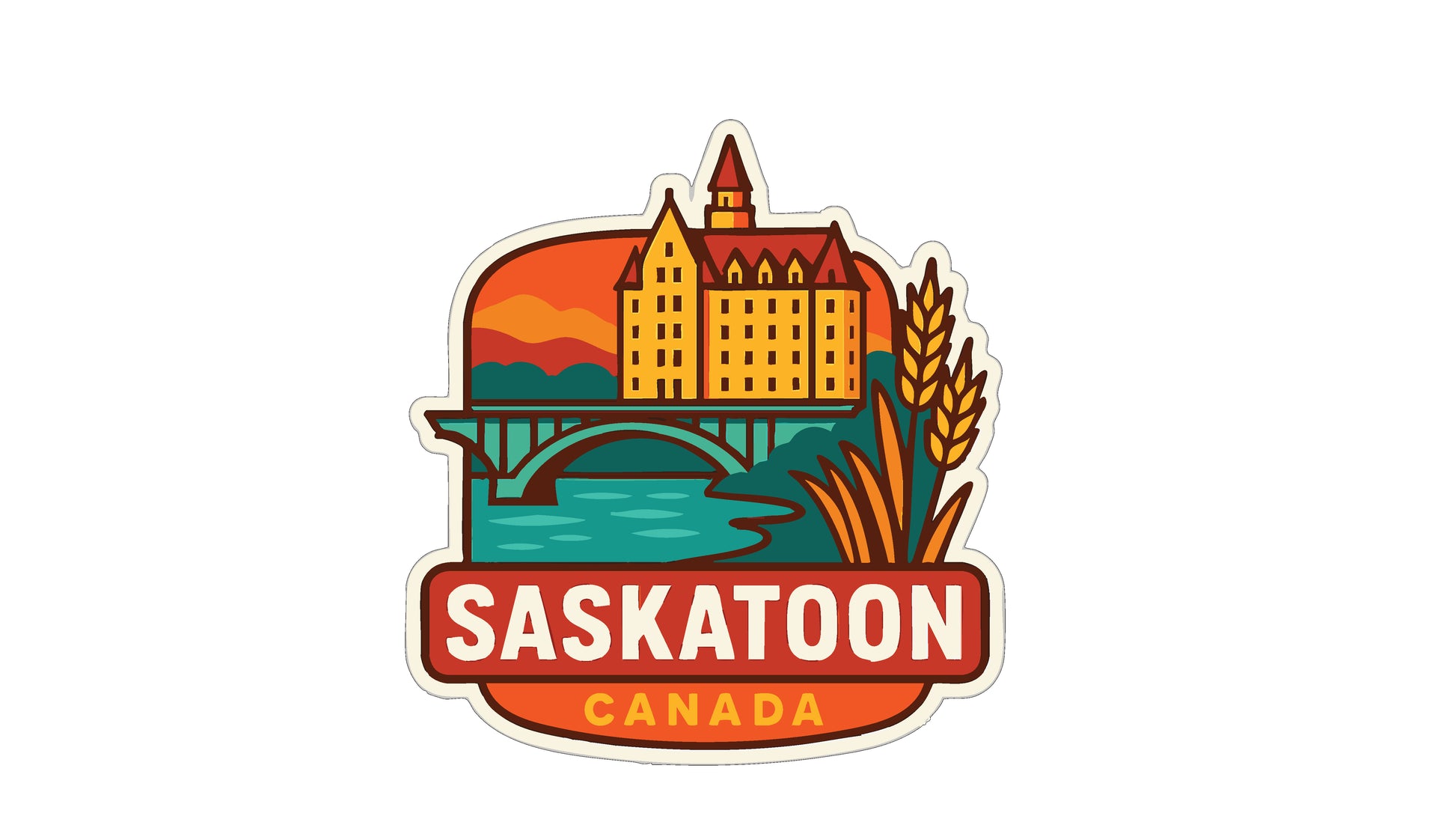 A colorful sticker or emblem featuring a castle, bridge, and wheat, with the text "Saskatoon, Canada" prominently displayed.