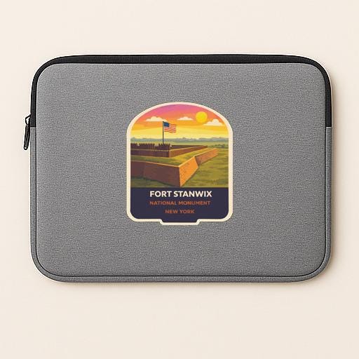 A gray laptop sleeve with a graphic design depicting Fort Stanwix National Monument in New York.