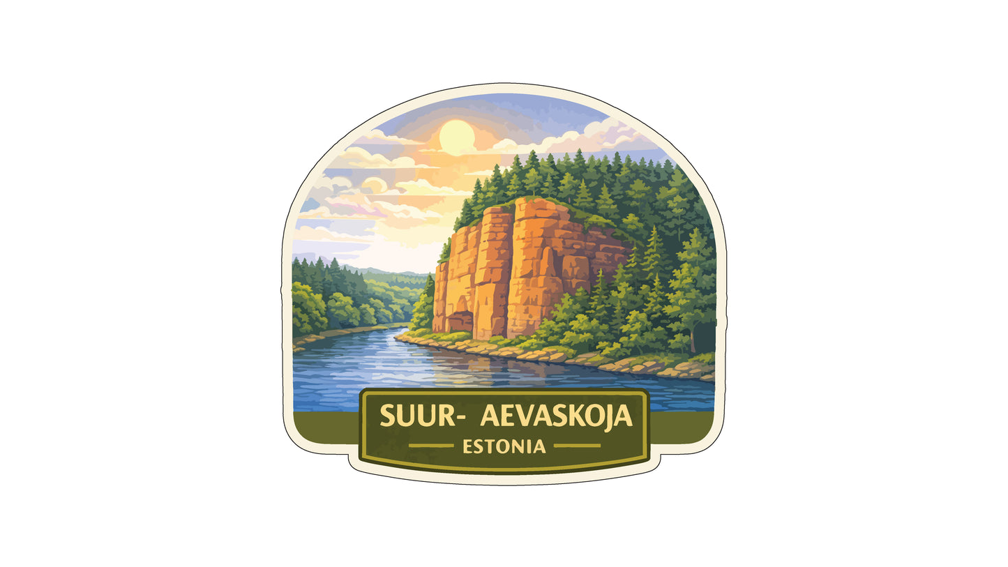 a scenic landscape with a river, mountains, and a sunset. The text below the image reads "SUUR - AEVASKOJA ESTONIA".