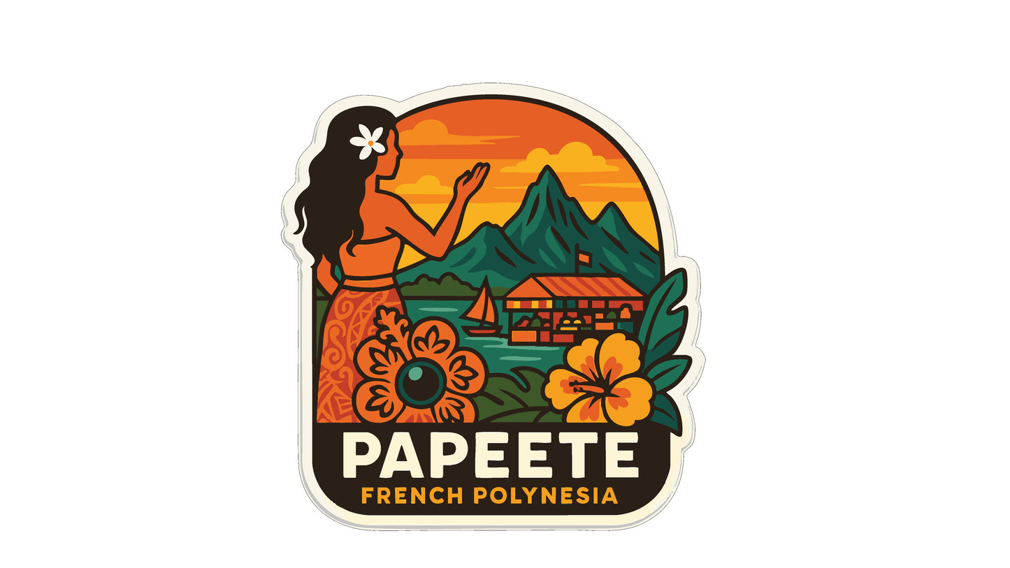 A sticker depicting a hula girl with a flower in her hair, surrounded by tropical elements such as a sunset, mountains, and a boat.