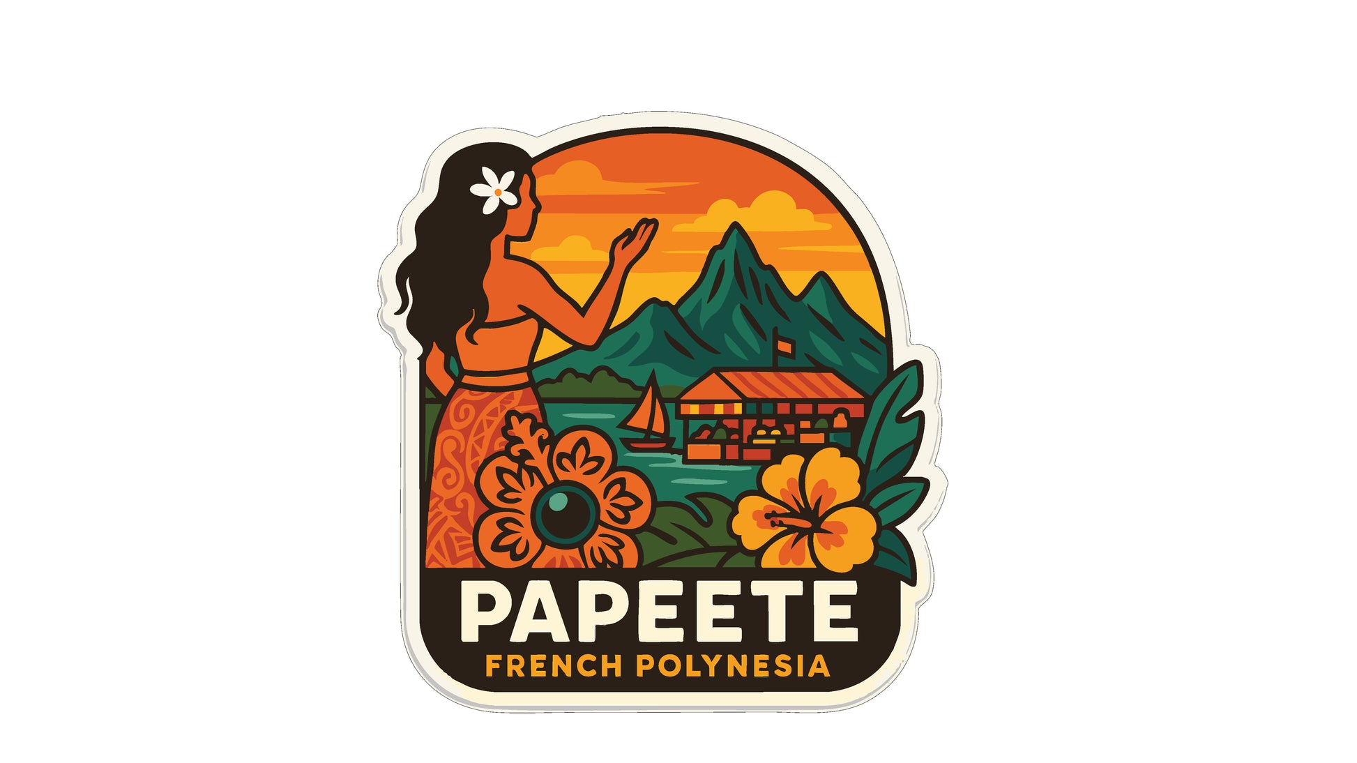 A sticker depicting a hula girl with a flower in her hair, surrounded by tropical elements such as a sunset, mountains, and a boat.