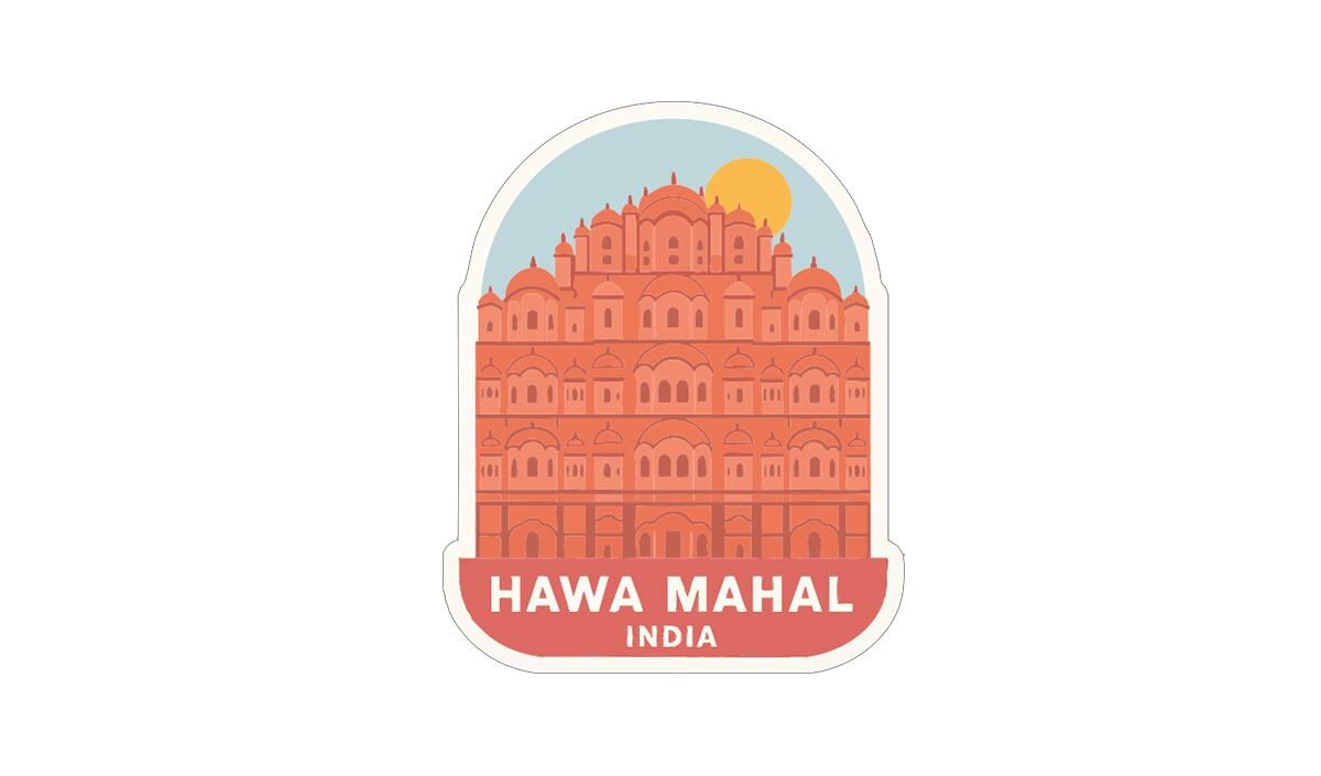 A sticker or label depicting the Hawa Mahal, a famous palace located in Jaipur, India. The palace is shown in a stylized illustration with a sun in the background.