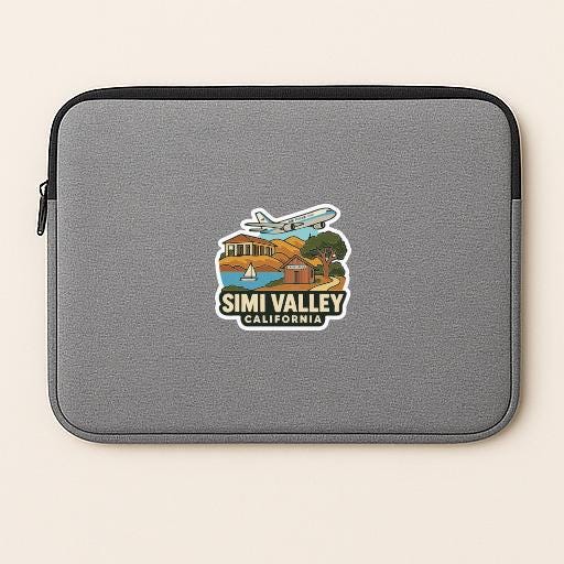 A gray laptop sleeve with a sticker depicting a scenic view of Simi Valley, California.