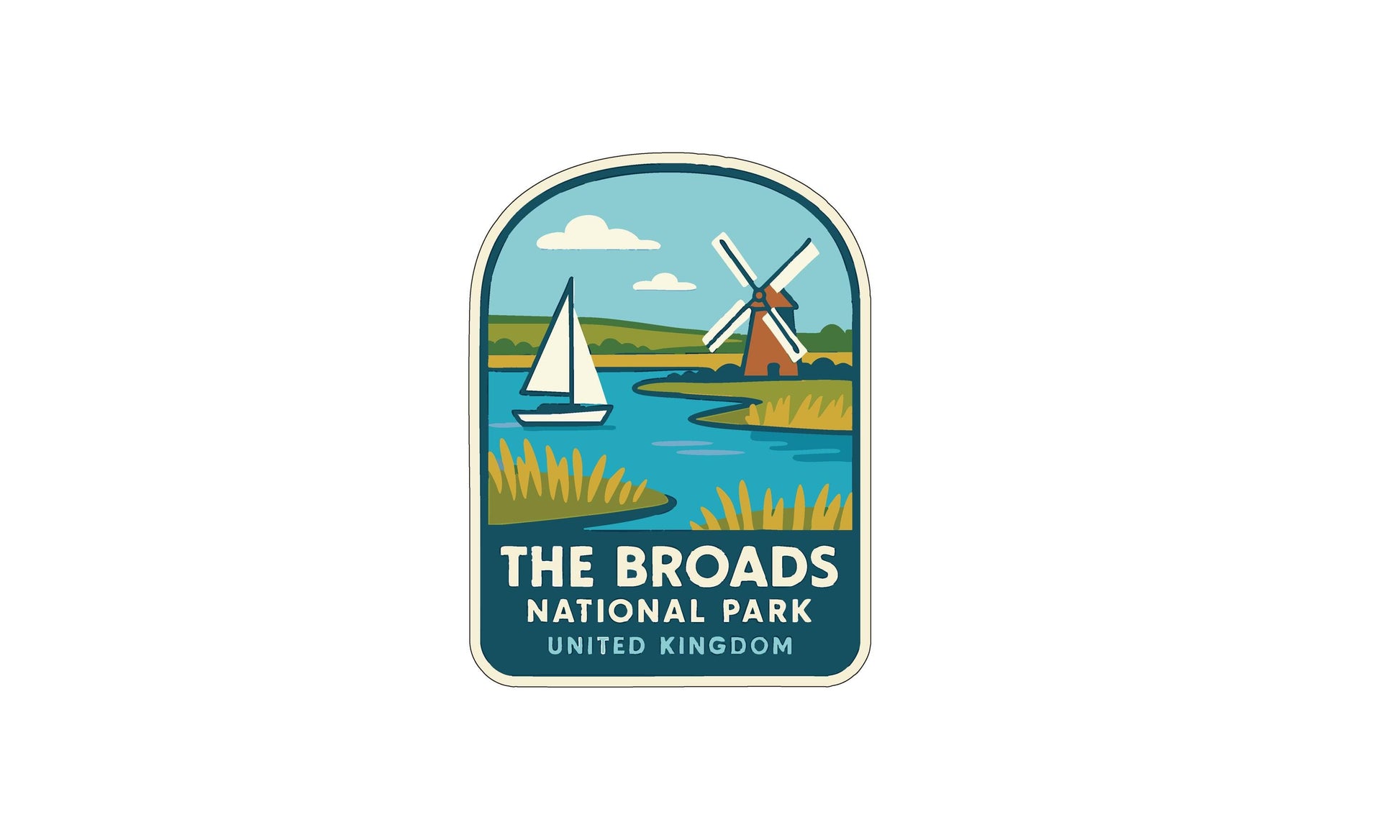 a logo for "The Broads National Park", which is a park located in the United Kingdom. The logo depicts a sailboat on a river, with windmills in the background, representing the park's natural and scenic elements.