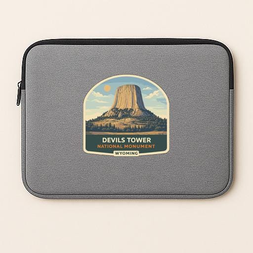 a gray laptop sleeve with a graphic design depicting the Devils Tower, a famous national monument in Wyoming.