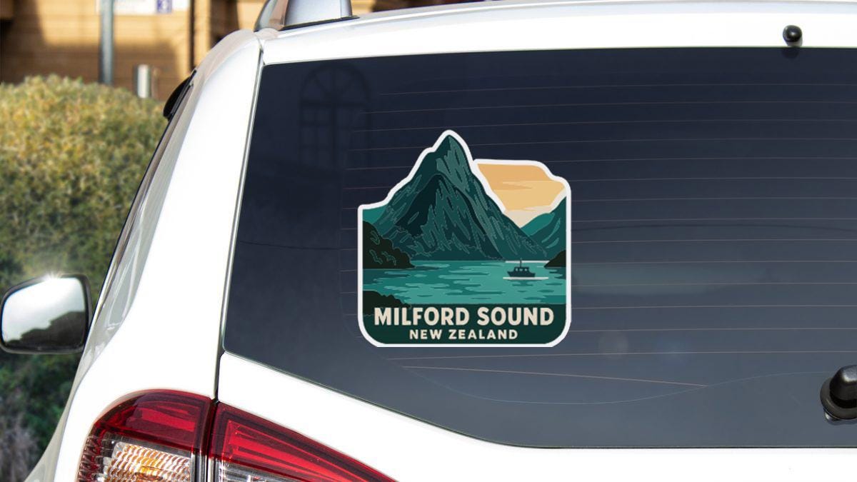 A sticker on the rear window of a car that says "Milford Sound, New Zealand".