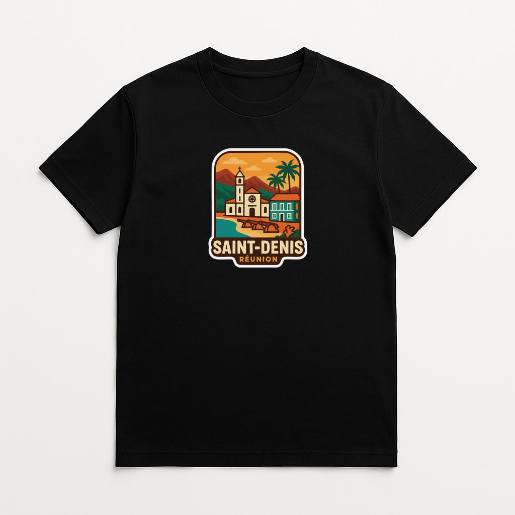 A black t-shirt with a graphic design depicting a tropical scene with a church, palm trees, and a body of water.