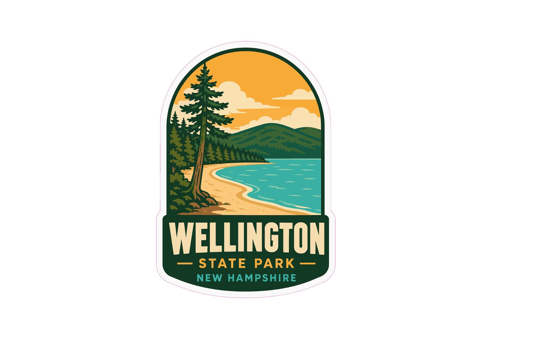 A sticker or emblem featuring a scenic landscape with a pine tree, a beach, and a lake, with the text "Wellington State Park New Hampshire" prominently displayed.
