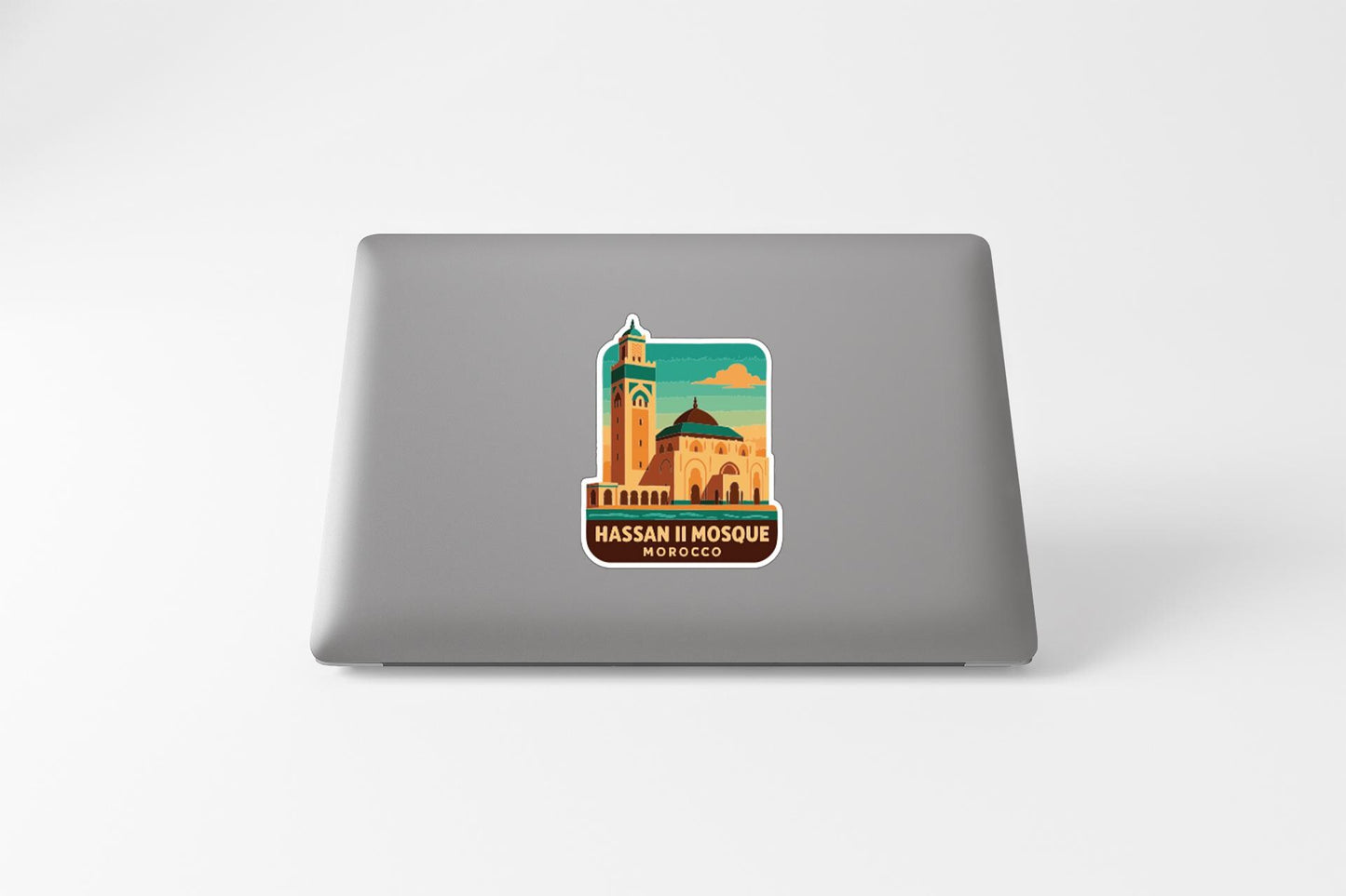 A sticker depicting the Hassan II Mosque in Morocco.