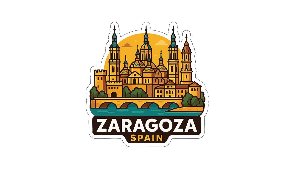 A sticker depicting the city of Zaragoza, Spain, with its distinctive architecture and landmarks.