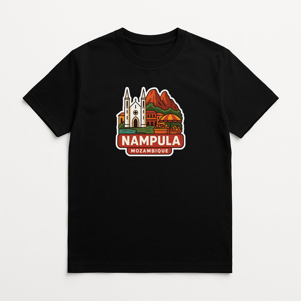 A black t-shirt with a graphic design depicting the city of Nampula, Mozambique.