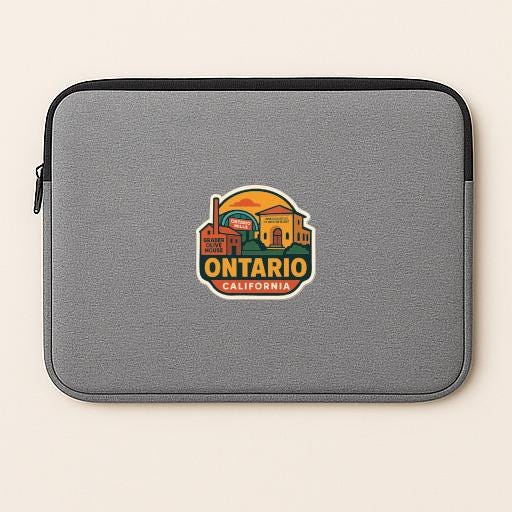 A gray laptop sleeve with a colorful logo of Ontario, California.