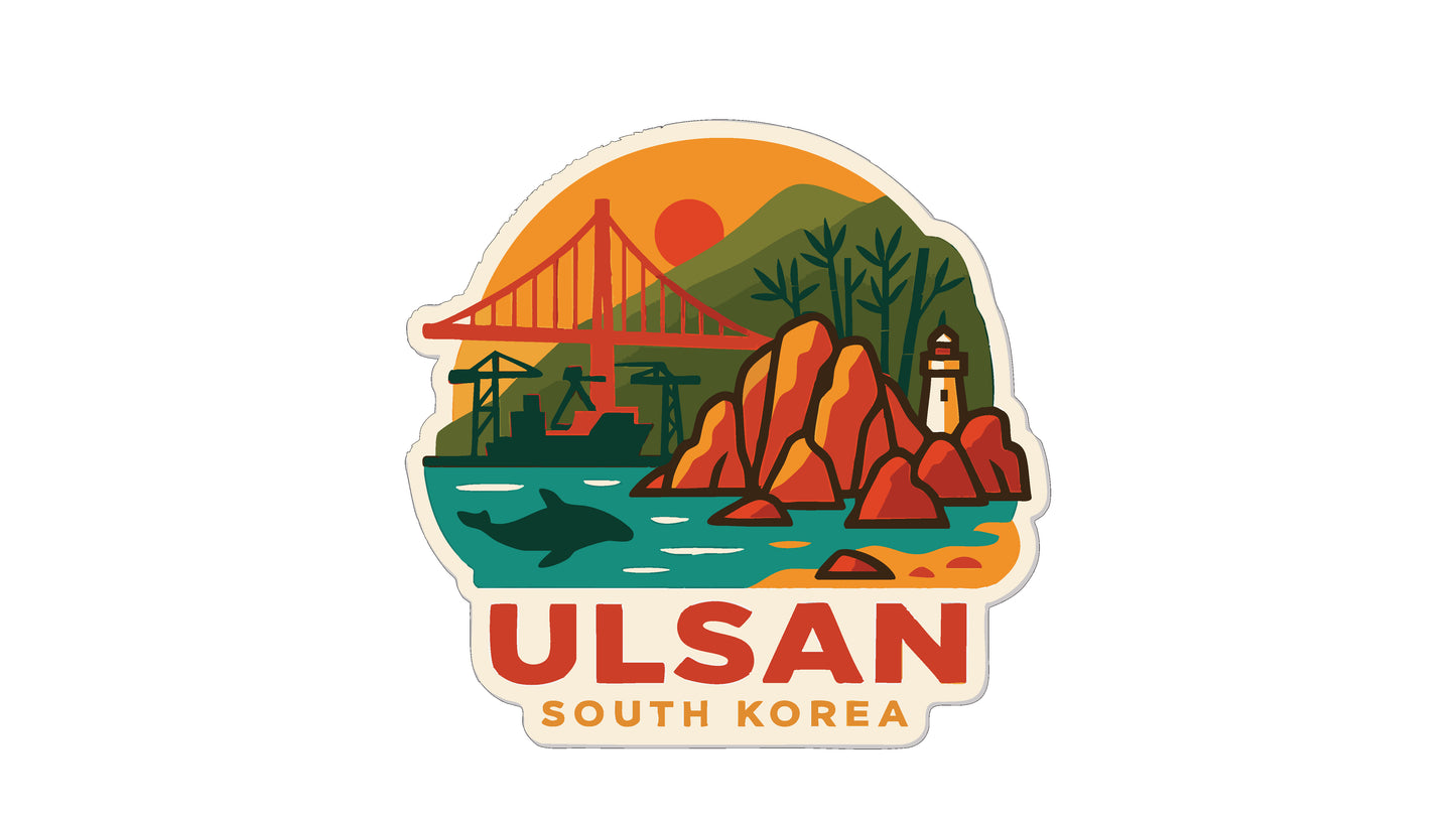 A sticker depicting a scenic view of Ulsan, South Korea, with a bridge, lighthouse, and ocean in the background.