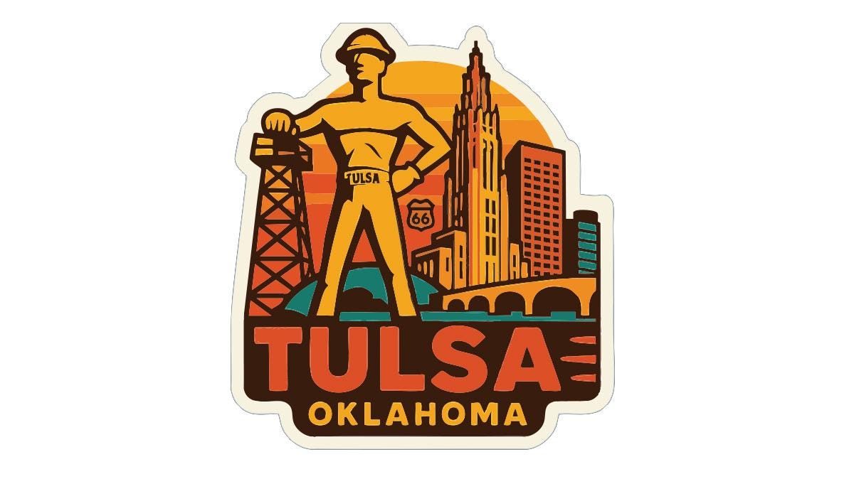 A stylized sticker or emblem featuring a large figure of a construction worker standing in front of a city skyline, with the text "TULSA OKLAHOMA" prominently displayed.
