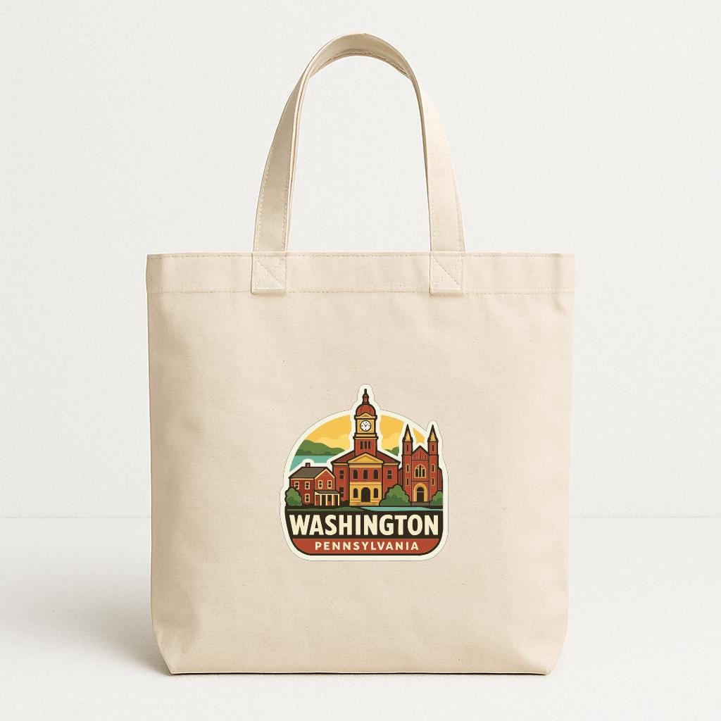 A beige tote bag with a printed design of Washington, Pennsylvania, featuring a clock tower and other landmarks.