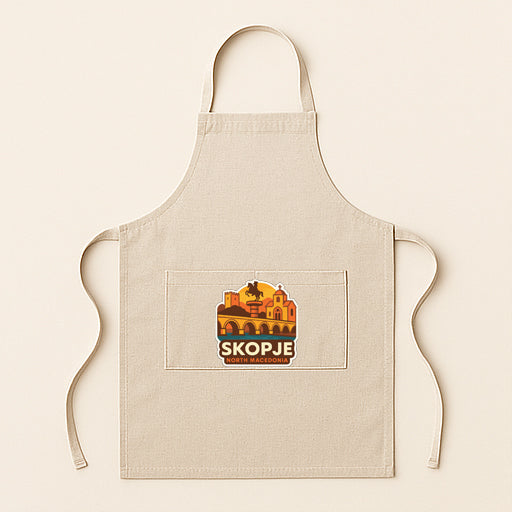 A beige apricot with a graphic design featuring a cityscape and the text "SKOPJE" printed on it.