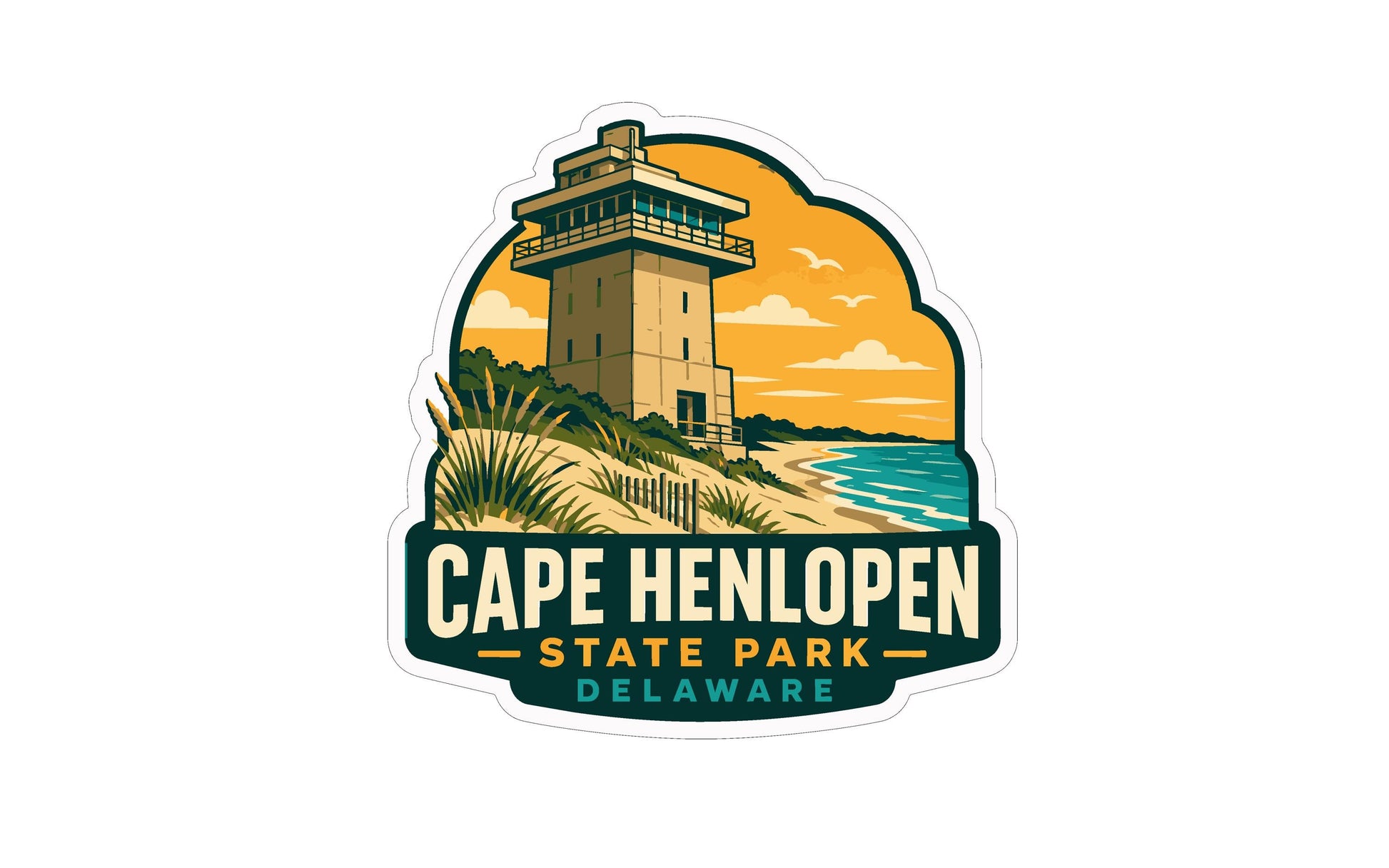 A sticker depicting a lighthouse at Cape Henlopen State Park in Delaware, with a beach and ocean in the background.
