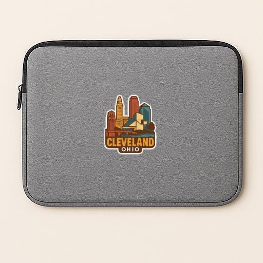 A gray laptop sleeve with a graphic of the Cleveland, Ohio skyline printed on it.