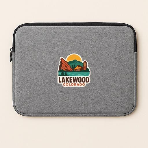 A gray laptop sleeve with a logo of Lakewood, Colorado.