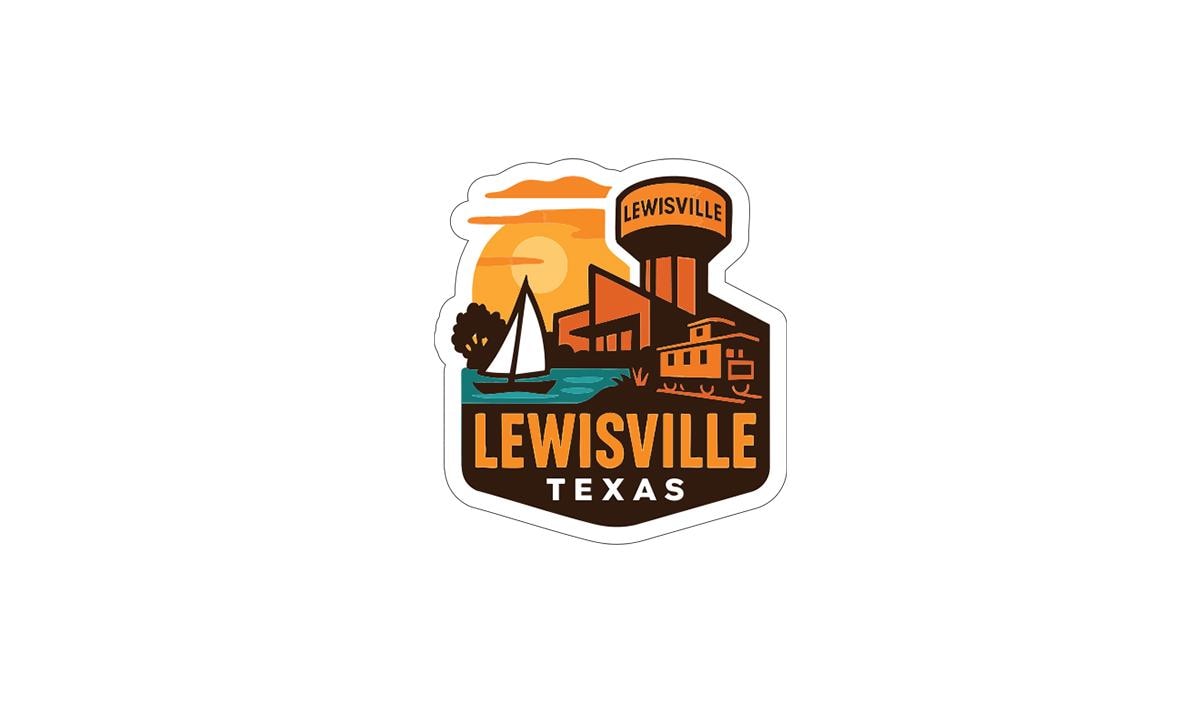 A sticker or logo depicting a cityscape with a water tower, a sailboat, and a sunset, along with the text "LEWISVILLE TEXAS".