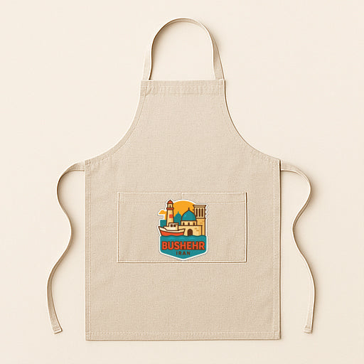 A beige apricot with a graphic design on the front pocket, featuring a cityscape and the word "BUSHEH" printed on it.