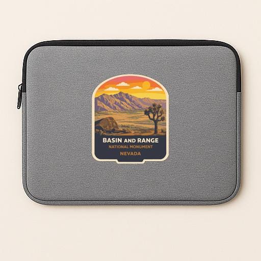 a gray laptop sleeve with a graphic design depicting a desert landscape with mountains, a tree, and a sunset.