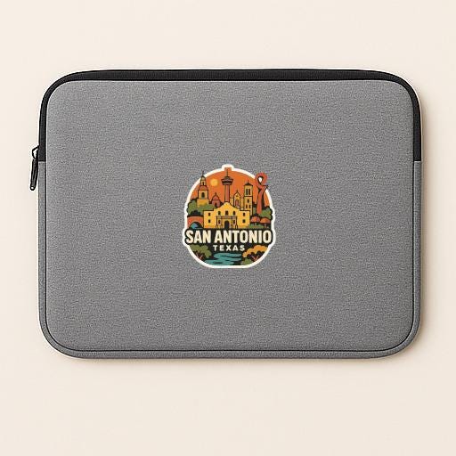 A gray laptop sleeve with a circular sticker featuring the city of San Antonio, Texas.