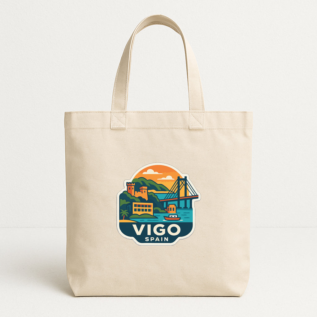 A beige tote bag with a printed design depicting a scenic view of Vigo, Spain.