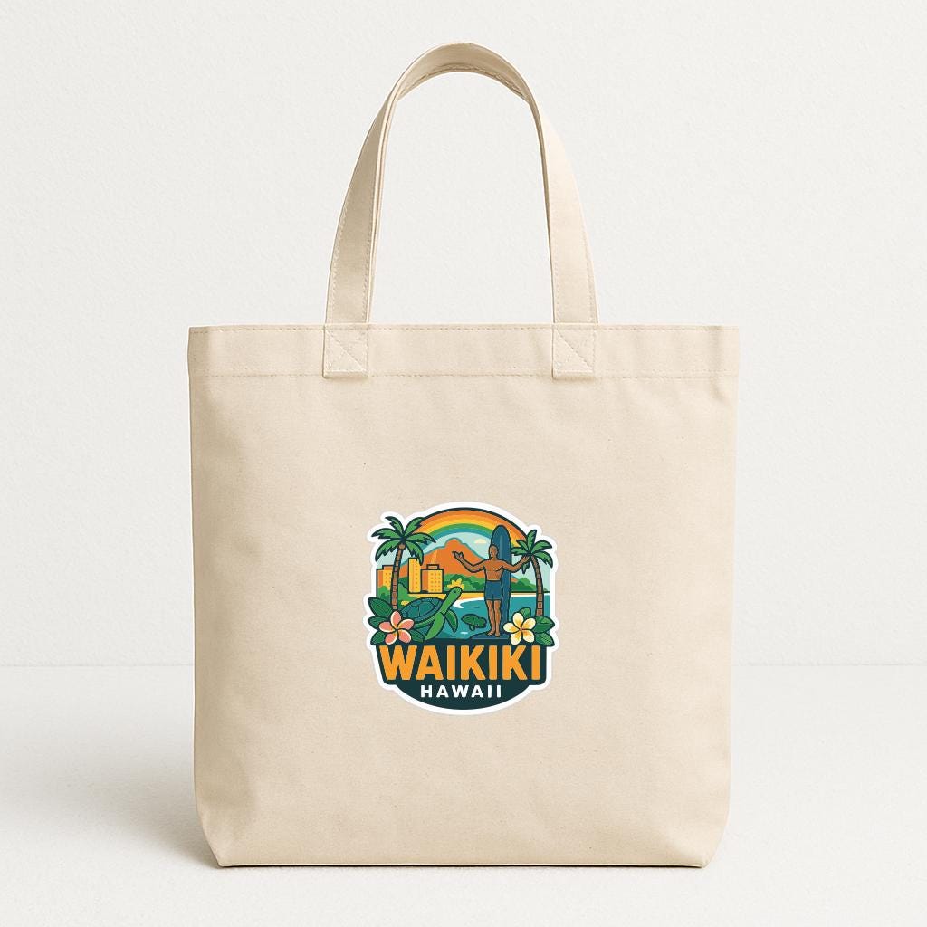 A beige tote bag with a graphic design featuring a surfer, palm trees, and the text "WAIKI HAWAII" printed on it.