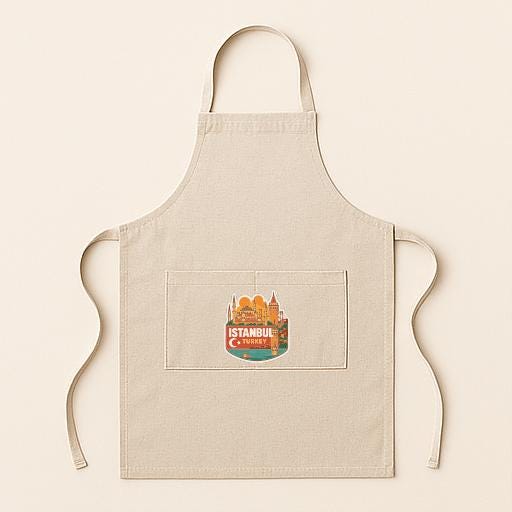 A beige apricot with a pocket and a graphic of Istanbul printed on it.