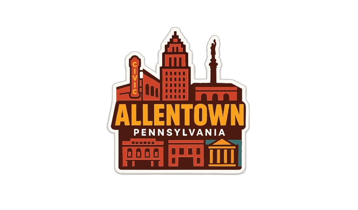 a stylized illustration of the town of Allentown, Pennsylvania, with various buildings and landmarks depicted in a colorful and artistic manner.