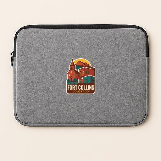 A gray laptop sleeve with a logo of Fort Collins, Colorado.