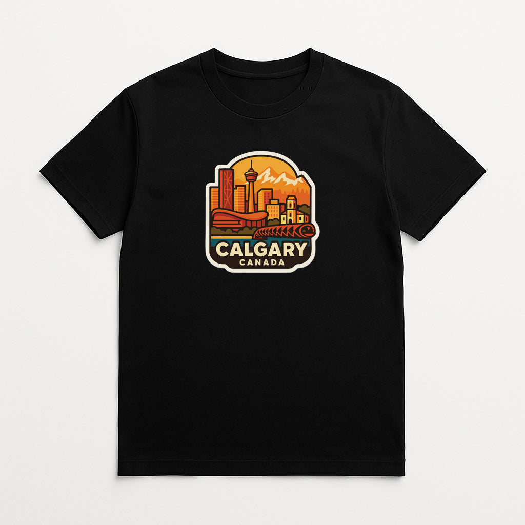 A black t-shirt with a graphic design depicting the city of Calgary, Canada.