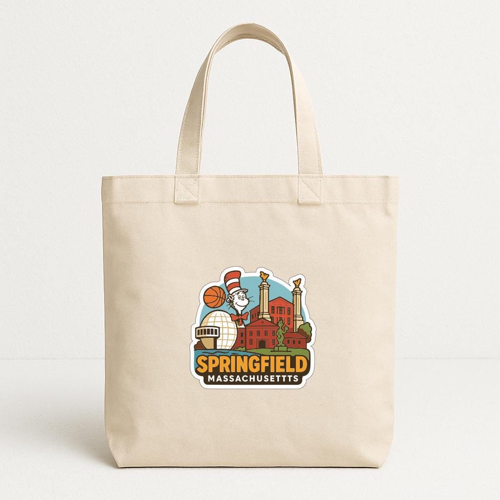 A beige tote bag with a printed design featuring the city of Springfield, Massachusetts.