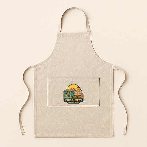 A beige apricot with a graphic of a city and the text "YUBA CITY" printed on it.