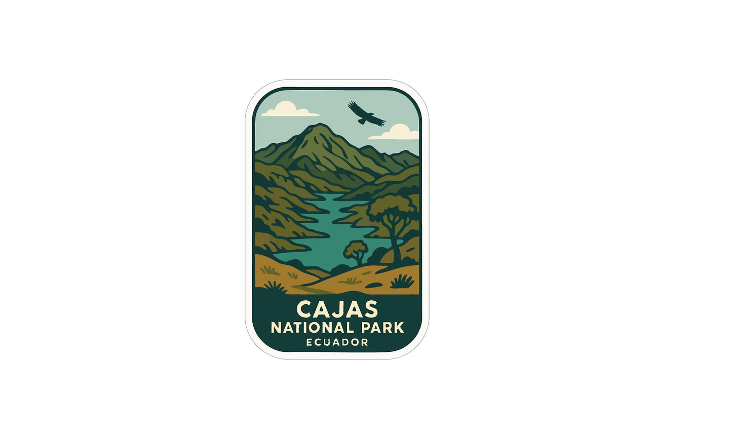 a sticker or emblem for the Cajas National Park in Ecuador, depicting a scenic landscape with mountains, a lake, and a bird in flight.