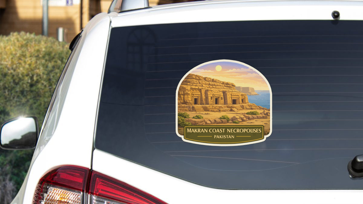 A sticker on the rear window of a white car, depicting the ancient city of Makran Coast Necropolis in Pakistan.